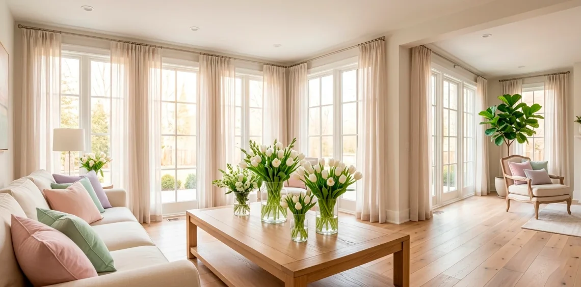 Bright living room with spring decor, pastel accents, and fresh tulips on a coffee table.