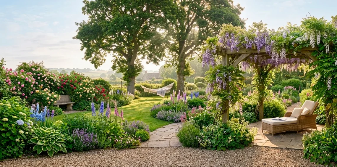 Wide view of a lush English garden featuring multiple cozy reading nooks with flowers and vintage furniture.