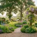 Wide view of a lush English garden featuring multiple cozy reading nooks with flowers and vintage furniture.