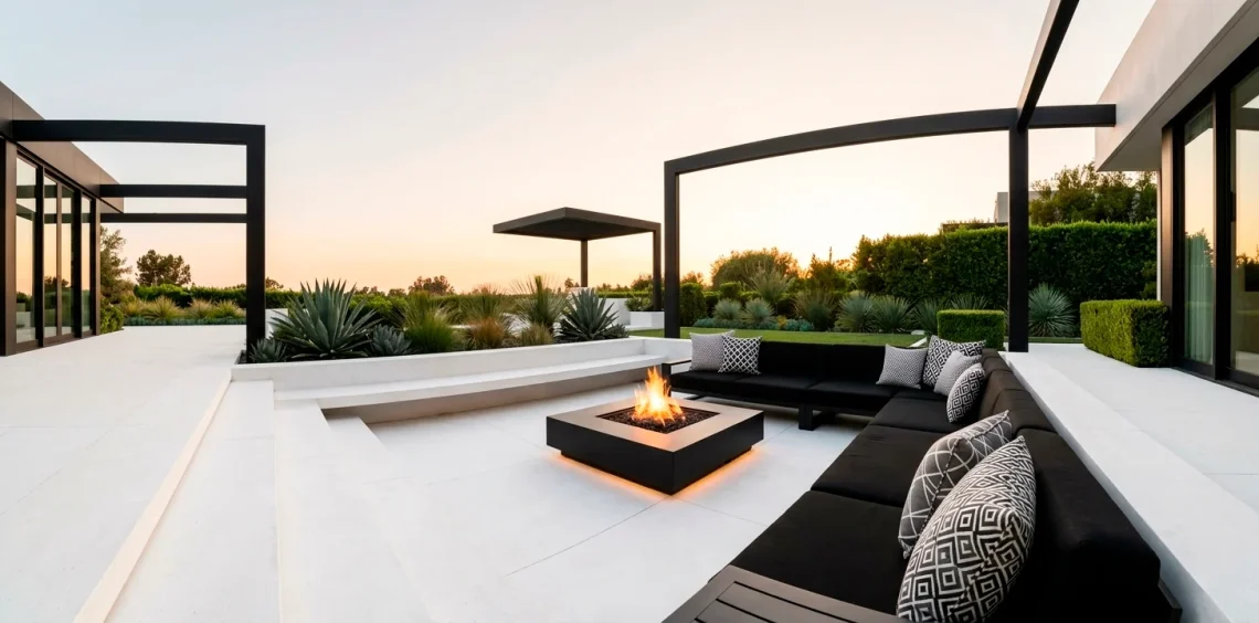 Wide landscape of a modern minimalist black and white patio with a fire pit and sleek furniture.