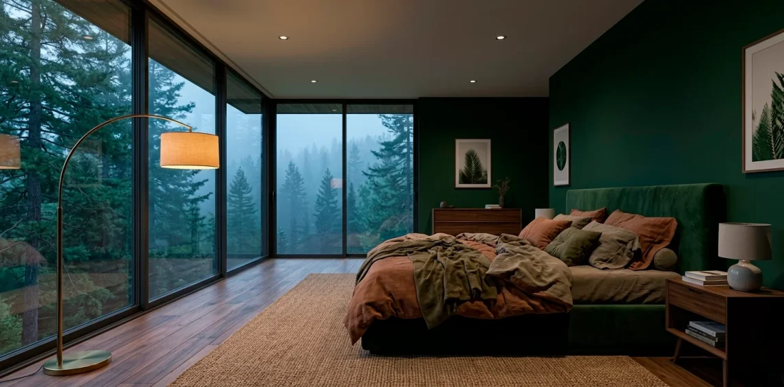 Moody forest green master bedroom with misty forest view and velvet textures.