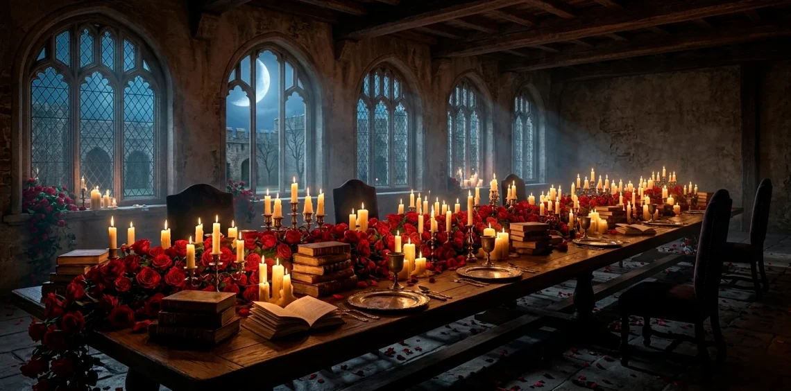 Atmospheric Dark Academia Valentine's Day dinner scene with candles, roses, and antique books on a long table.