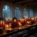 Atmospheric Dark Academia Valentine's Day dinner scene with candles, roses, and antique books on a long table.
