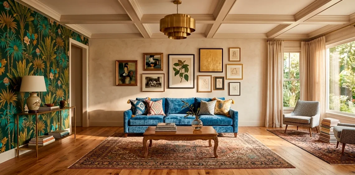 Wide shot of a vibrant eclectic living room with bold wallpaper, velvet furniture, and mixed patterns.