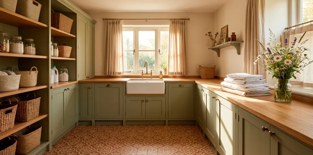 Wide landscape view of a cozy cottage laundry room with sage cabinets, farmhouse sink, and sunlight.