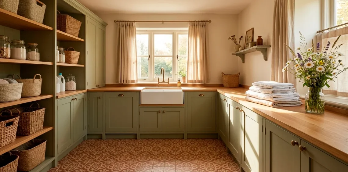 Wide landscape view of a cozy cottage laundry room with sage cabinets, farmhouse sink, and sunlight.