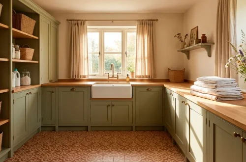 Wide landscape view of a cozy cottage laundry room with sage cabinets, farmhouse sink, and sunlight.
