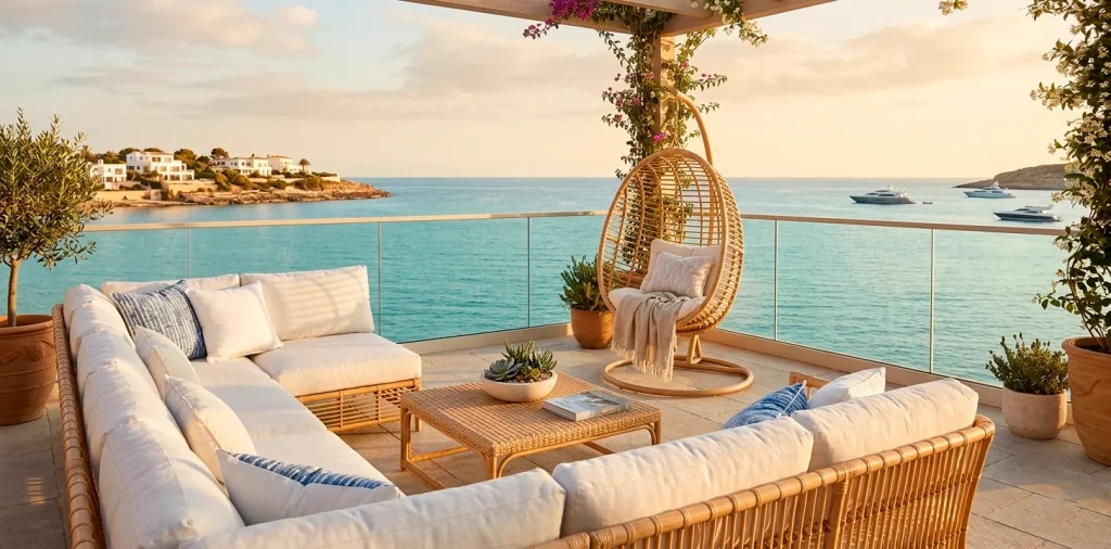 Luxurious coastal patio with stylish rattan furniture and ocean view at sunset.