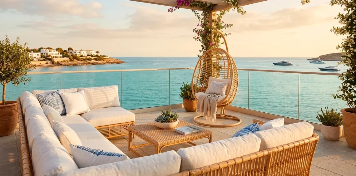 Luxurious coastal patio with stylish rattan furniture and ocean view at sunset.