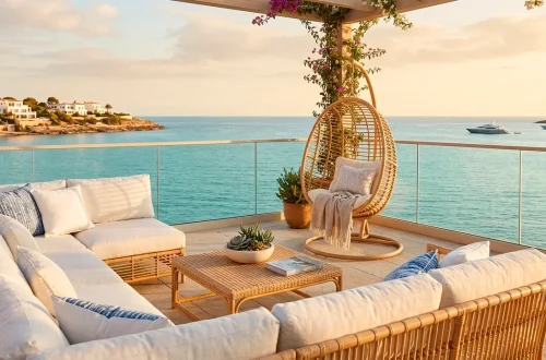 Luxurious coastal patio with stylish rattan furniture and ocean view at sunset.