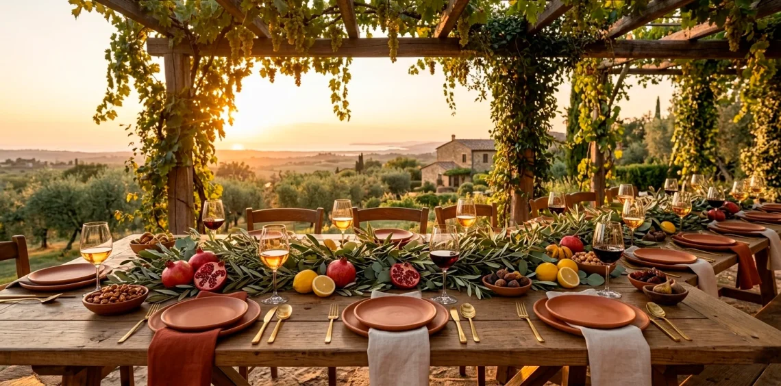 Luxurious Mediterranean Thanksgiving table setting with olive branches, terracotta, and gold accents.