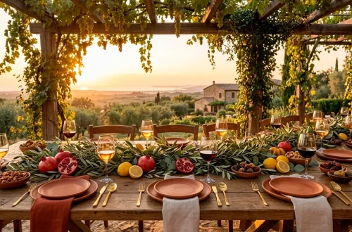 Luxurious Mediterranean Thanksgiving table setting with olive branches, terracotta, and gold accents.