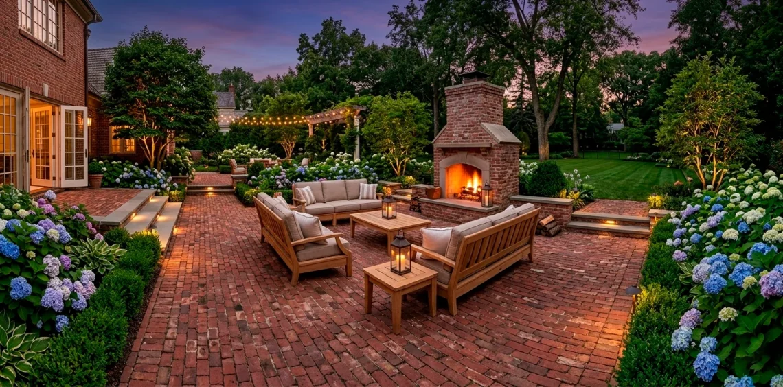 A luxurious wide landscape of a traditional brick backyard patio with warm evening lighting.