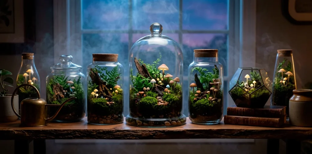 Wide cinematic shot of an enchanted forest floor with glowing mushrooms and mossy roots at night.