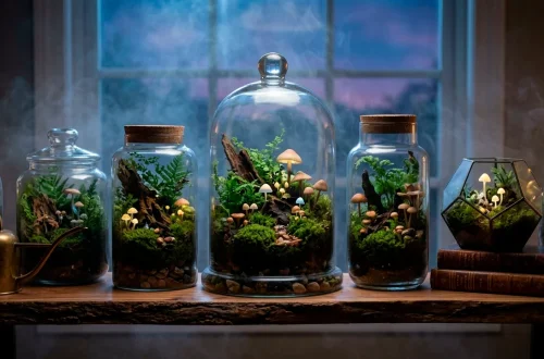 Wide cinematic shot of an enchanted forest floor with glowing mushrooms and mossy roots at night.