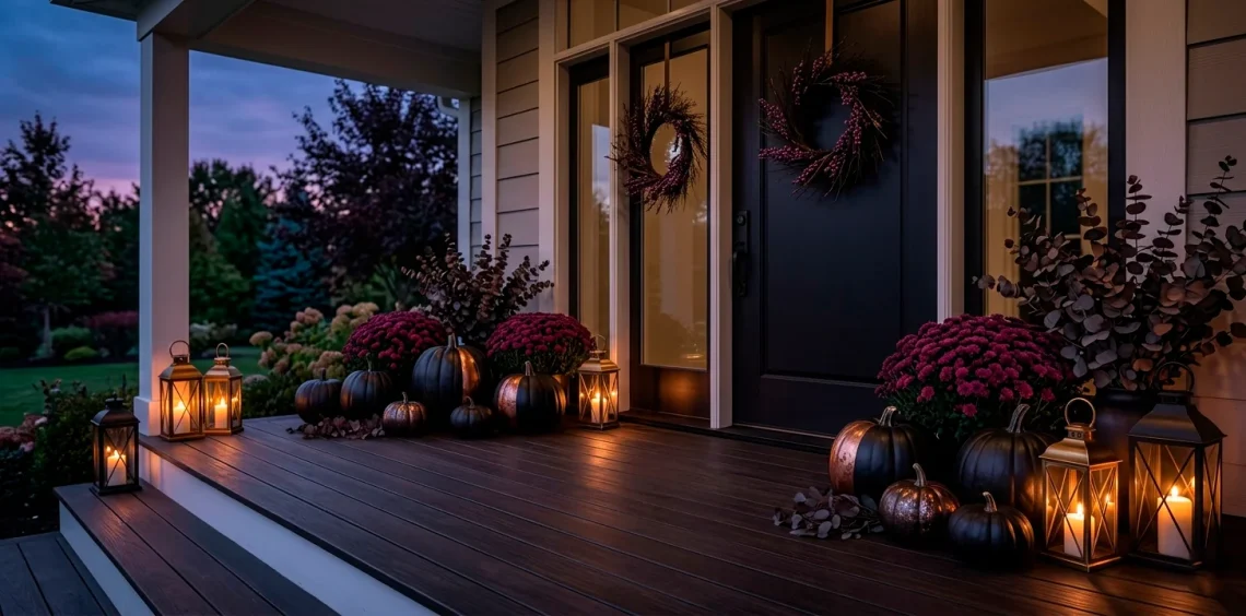 Dramatic modern porch decorated with various matte black pumpkins and moody fall foliage at twilight.