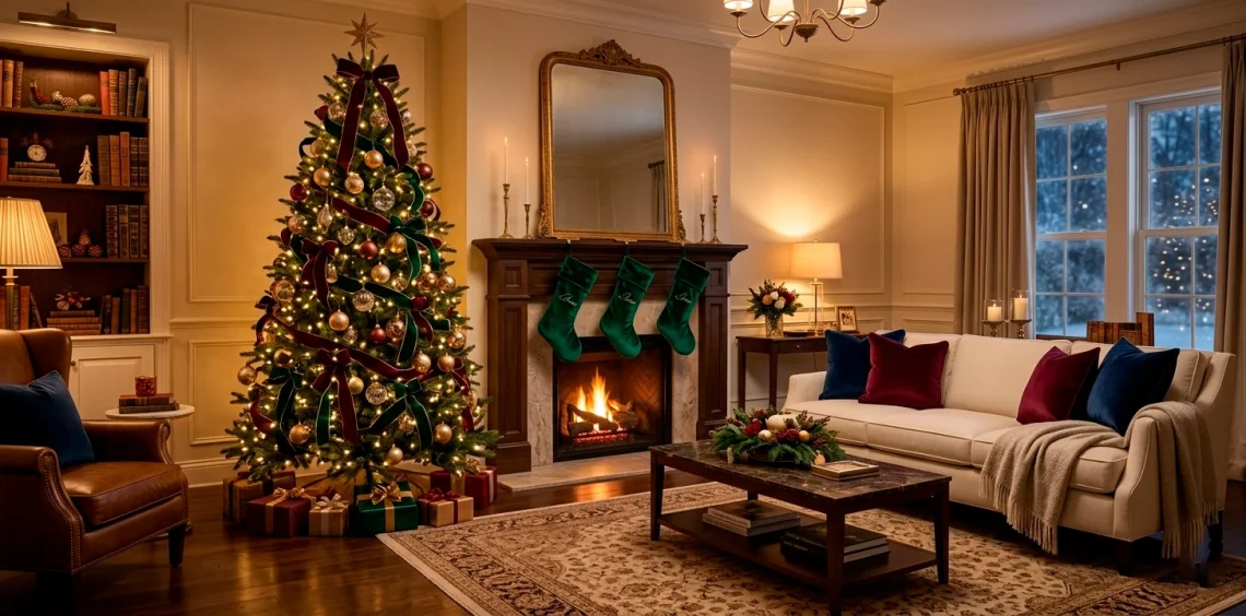 Wide view of a luxurious living room with emerald and burgundy velvet holiday decorations and warm lighting.