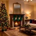 Wide view of a luxurious living room with emerald and burgundy velvet holiday decorations and warm lighting.