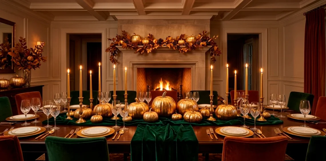 Luxurious Thanksgiving dining table featuring a velvet runner, gold candles, and elegant harvest decor.