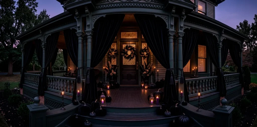 Luxury gothic Halloween porch featuring velvet black decorations and moody atmospheric lighting.