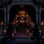 Luxury gothic Halloween porch featuring velvet black decorations and moody atmospheric lighting.