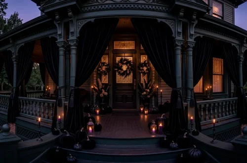 Luxury gothic Halloween porch featuring velvet black decorations and moody atmospheric lighting.