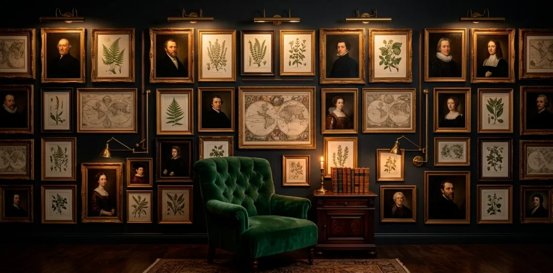 A wide shot of a moody Dark Academia gallery wall with vintage art, velvet furniture, and brass lighting.