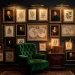 A wide shot of a moody Dark Academia gallery wall with vintage art, velvet furniture, and brass lighting.