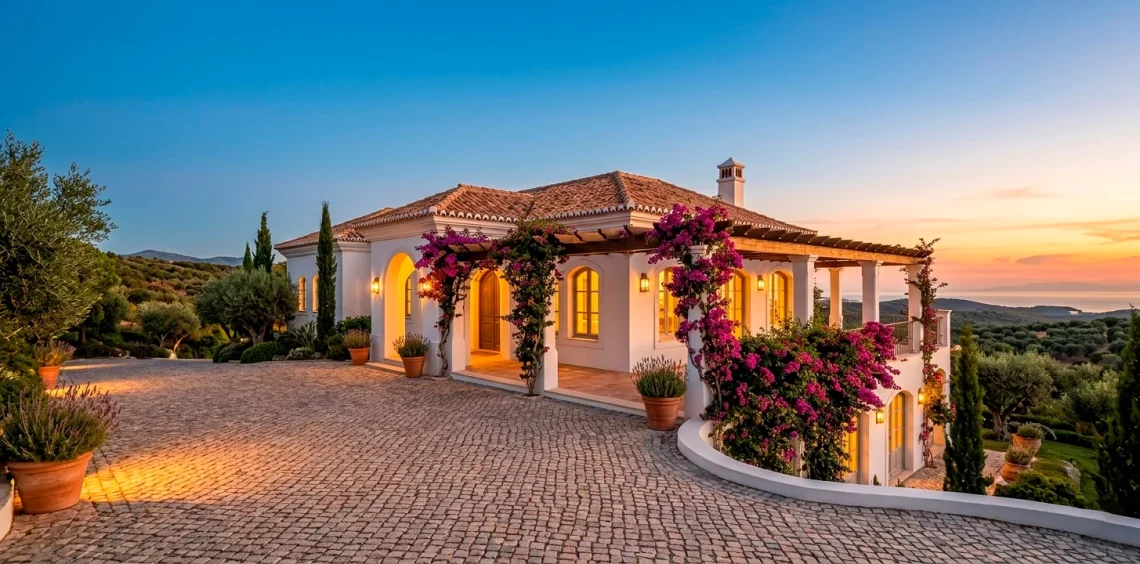 Luxurious Mediterranean villa exterior with white stucco walls, terracotta roof, and blooming bougainvillea at sunset.