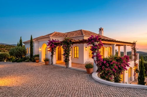Luxurious Mediterranean villa exterior with white stucco walls, terracotta roof, and blooming bougainvillea at sunset.