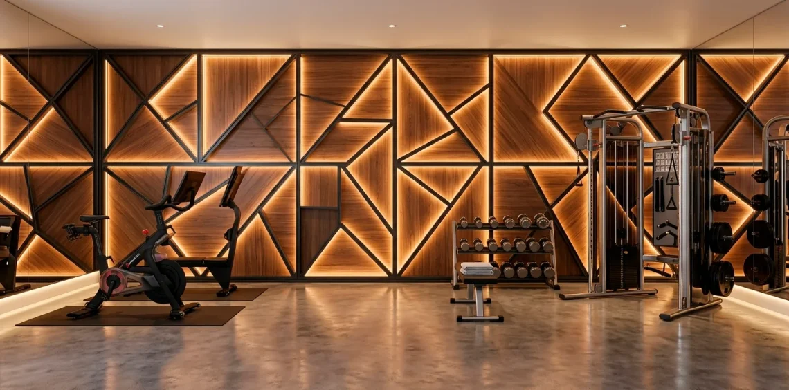 Wide shot of a luxury home gym featuring a large geometric accent wall and high-end fitness equipment.