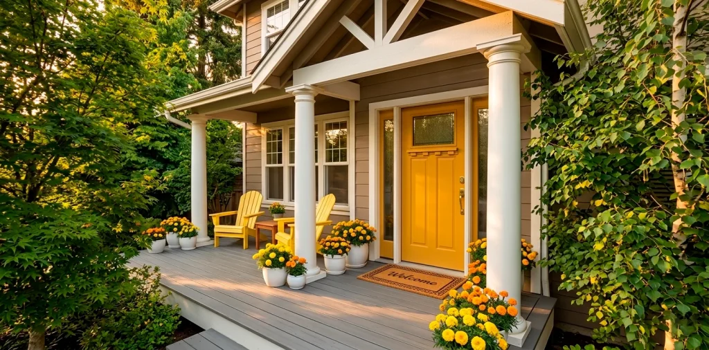 Wide view of a sunny front porch with a mustard yellow door and lemon Adirondack chairs at sunset.