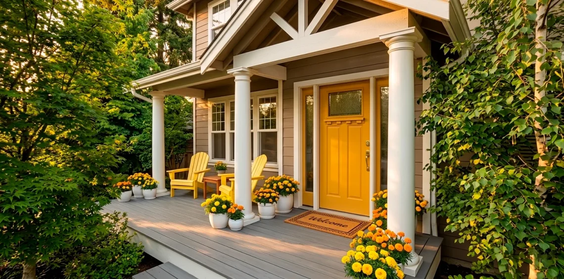 Wide view of a sunny front porch with a mustard yellow door and lemon Adirondack chairs at sunset.