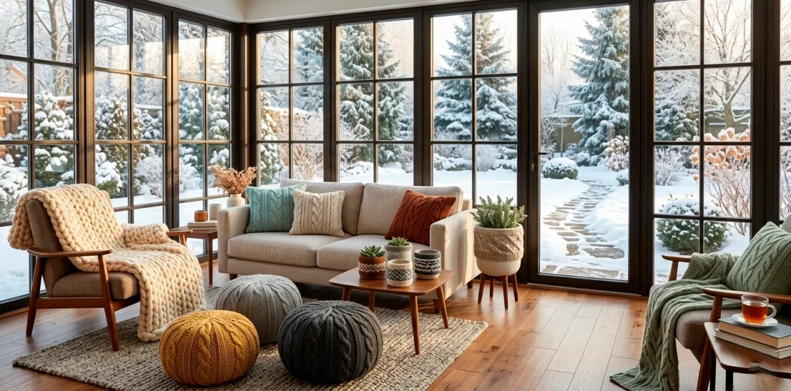 Cozy winter sunroom featuring chunky knitted blankets, pillows, and snowy garden views through windows.