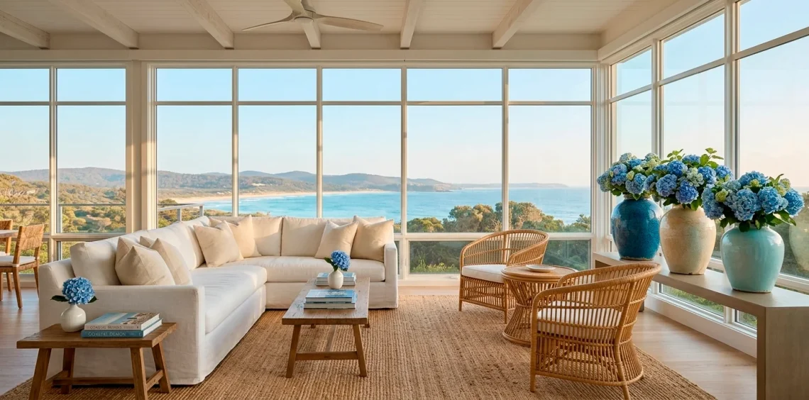 Breezy coastal grandmother sunroom with white linen furniture, rattan accents, and blue hydrangeas.