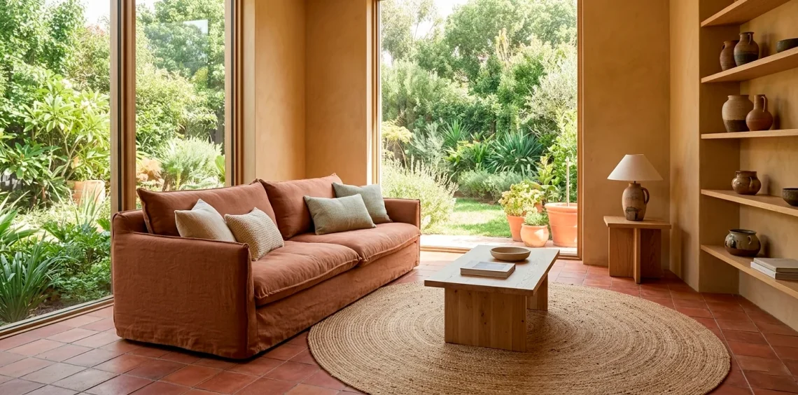 Wide horizontal living room with terracotta tiles, clay linen sofa, and earthy interior design elements.