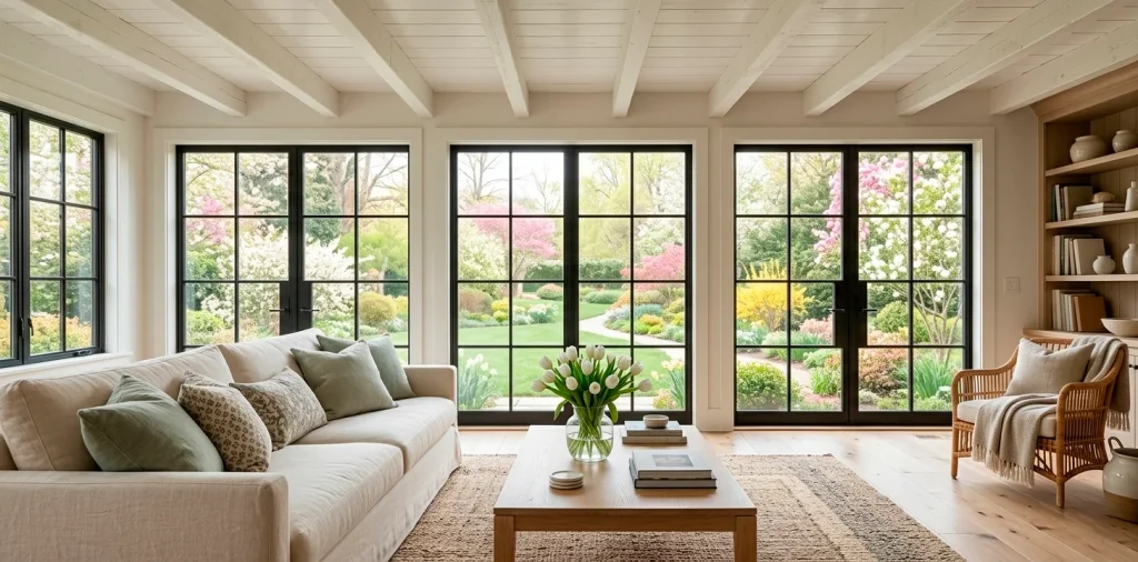 Sun-drenched modern farmhouse living room with spring decor, white sofa, and fresh tulips in a wide cinematic shot.