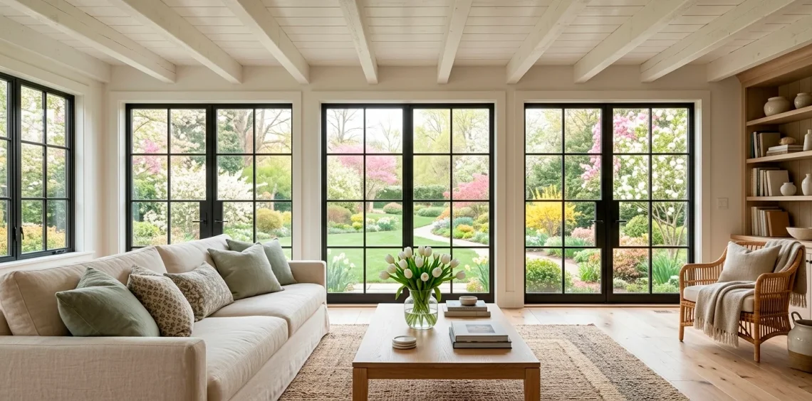 Sun-drenched modern farmhouse living room with spring decor, white sofa, and fresh tulips in a wide cinematic shot.