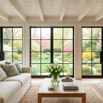 Sun-drenched modern farmhouse living room with spring decor, white sofa, and fresh tulips in a wide cinematic shot.