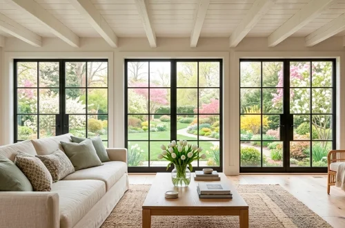 Sun-drenched modern farmhouse living room with spring decor, white sofa, and fresh tulips in a wide cinematic shot.