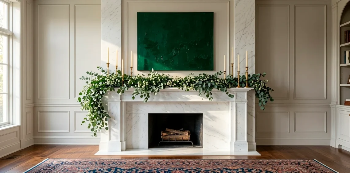 Sophisticated St. Patrick's Day mantel with eucalyptus garland and brass candlesticks in a bright room.