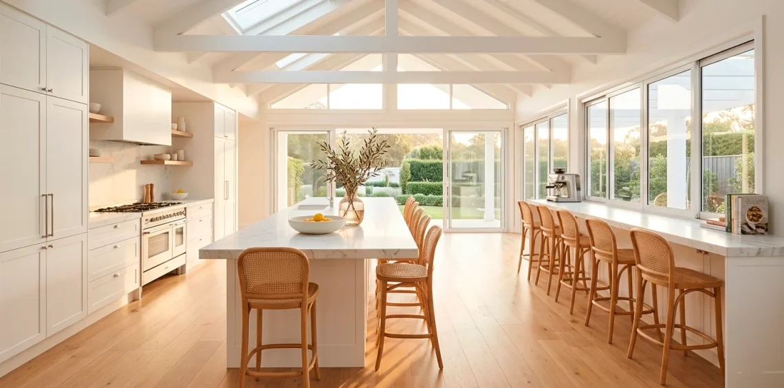 A wide sun-drenched white kitchen with marble counters and light wood floors for a breezy summer feel.
