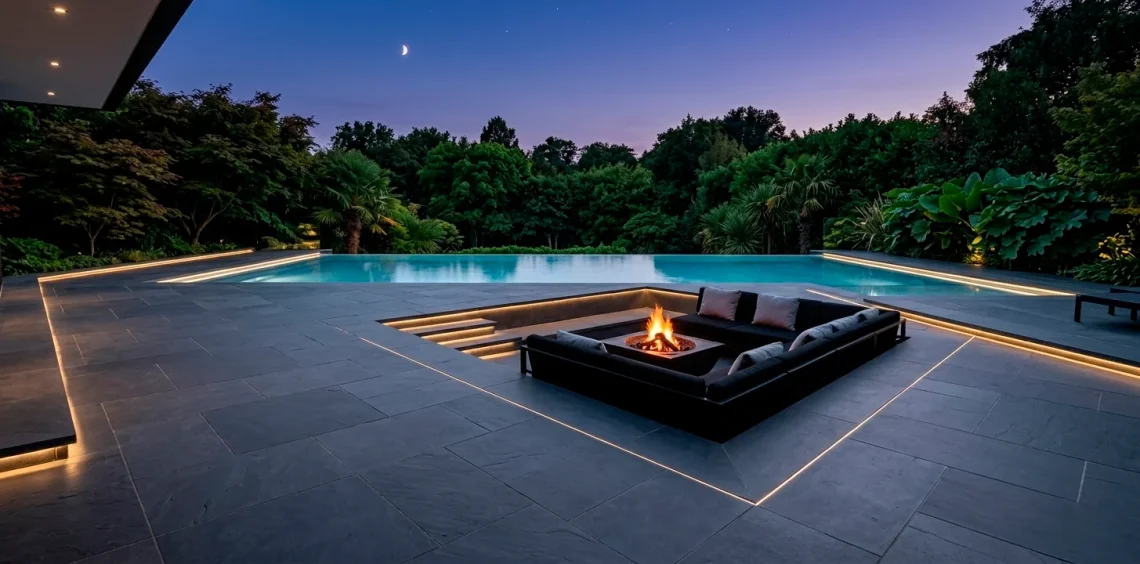 Luxurious modern slate patio with dark charcoal slabs and sunken fire pit area at twilight.
