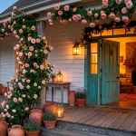 Wide landscape of a romantic cottage porch covered in climbing pink roses and glowing lanterns.