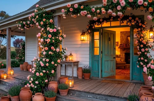 Wide landscape of a romantic cottage porch covered in climbing pink roses and glowing lanterns.