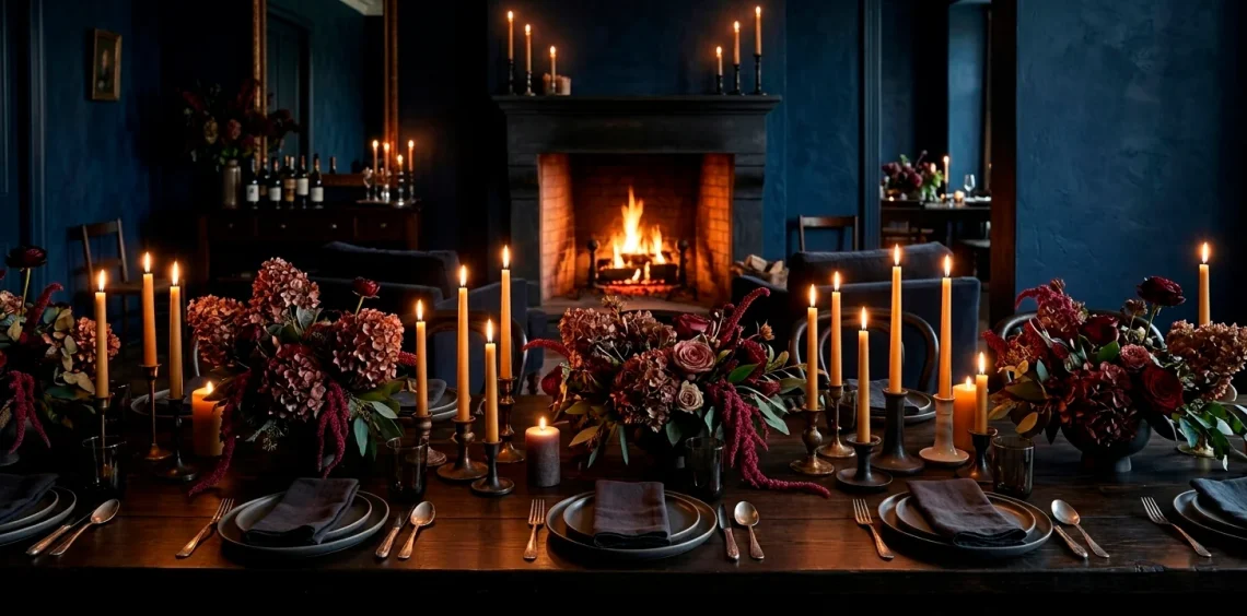 Cinematic moody Thanksgiving dining room with dark walls and flickering candles.