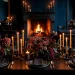 Cinematic moody Thanksgiving dining room with dark walls and flickering candles.