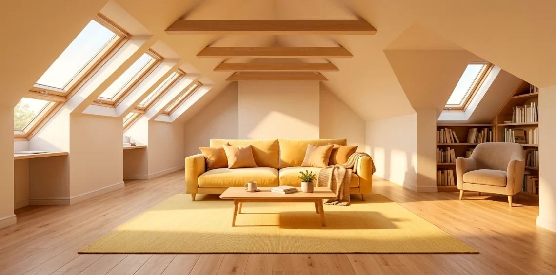 Wide sun-drenched attic loft featuring golden sunlight, butter-yellow velvet sofa, and warm lemon-colored decor accents.