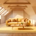 Wide sun-drenched attic loft featuring golden sunlight, butter-yellow velvet sofa, and warm lemon-colored decor accents.
