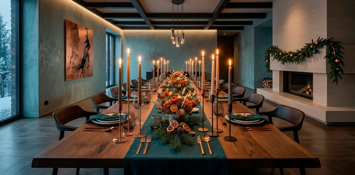 Wide landscape view of a modern 2026 Christmas table featuring teal linens and copper festive decor.